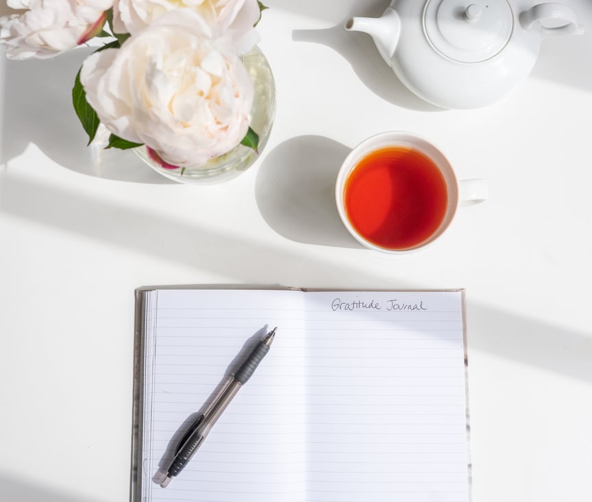 Gratitude journal with peonies and tea and shadows from above